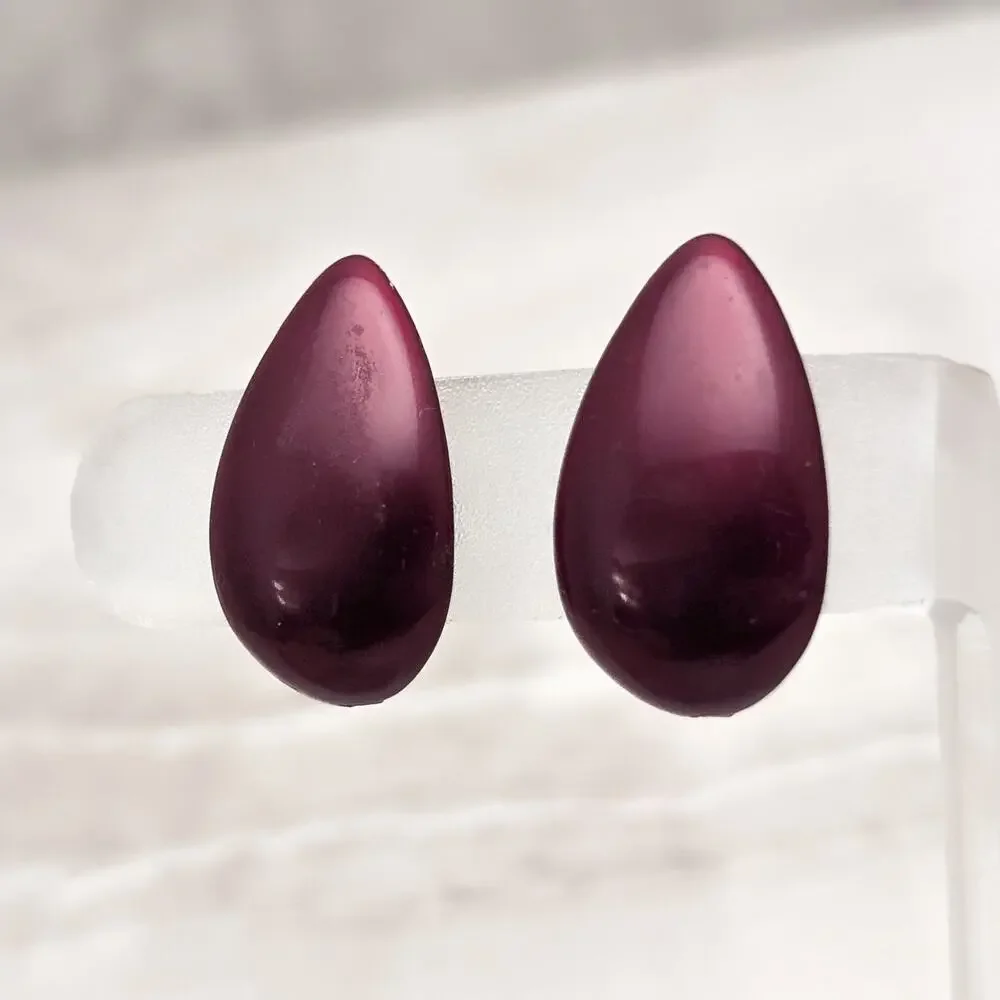 Vintage Screw On Earrings Burgundy Curved Teardrop - Japan - Fair Condition